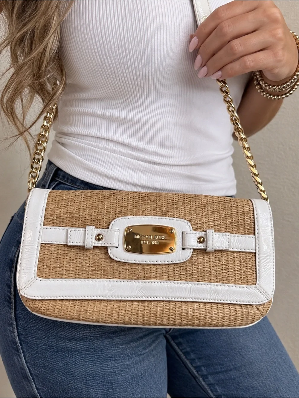 Michael Kors Natural Straw Shoulder Bag with White Trim & Gold Chain